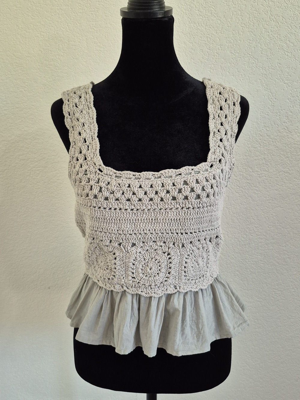 Crocheted Square-Neck Peplum Tank Top - Light Beige